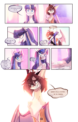 Size: 2465x3830 | Tagged: safe, artist:iheyyasyfox, derpibooru import, oc, oc only, oc:angel duke, oc:stella alba nyx, alicorn, hybrid, pony, comic:next gen:the adventures of stella, interspecies offspring, offspring, parent:discord, parent:flash sentry, parent:princess celestia, parent:twilight sparkle, parents:dislestia, parents:flashlight