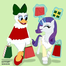 Size: 1080x1080 | Tagged: safe, artist:stargazerseven, derpibooru import, rarity, anthro, bird, duck, pony, unicorn, anthro with ponies, bag, clothes, crossover, daisy duck, duo, eyes closed, female, glowing horn, green background, high heels, horn, magic, shoes, simple background, telekinesis