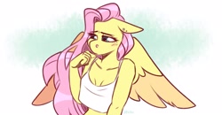 Size: 2579x1342 | Tagged: safe, artist:lrusu, derpibooru import, fluttershy, anthro, pegasus, shy, solo