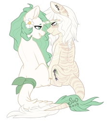 Size: 1063x1198 | Tagged: safe, artist:silentwolf-oficial, derpibooru import, oc, oc only, earth pony, pony, duo, ear piercing, earring, earth pony oc, flower, flower in hair, jewelry, leonine tail, looking at each other, piercing, simple background, sitting, transparent background