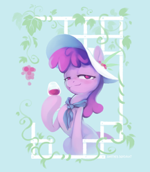 Size: 2232x2568 | Tagged: safe, artist:anotherdeadrat, derpibooru import, berry punch, berryshine, earth pony, pony, alcohol, female, food, glass, grapes, hat, high res, hoof hold, lidded eyes, looking at you, mare, neckerchief, redraw, solo, wine, wine glass