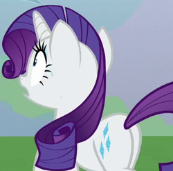 Size: 379x376 | Tagged: safe, derpibooru import, screencap, rarity, pony, unicorn, the ending of the end, butt, plot, solo