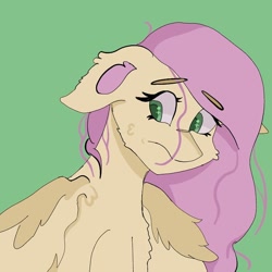 Size: 768x768 | Tagged: safe, artist:dellieses, derpibooru import, fluttershy, pegasus, pony, bust, eyebrows visible through hair, female, frown, green background, mare, simple background, solo