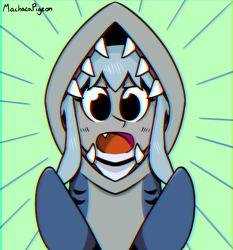 Size: 700x750 | Tagged: safe, artist:machacapigeon, oc, oc only, oc:königstiger, original species, pony, shark, shark pony, anime fang, chromatic aberration, clothes, costume, female, open mouth, shark costume, sharp teeth, signature, simple background, solo, teeth