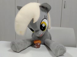 Size: 2048x1536 | Tagged: safe, artist:nekokevin, derpy hooves, pegasus, pony, cute, derpabetes, female, food, frog (hoof), irl, looking down, mare, muffin, open mouth, photo, plushie, sitting, smiling, solo, underhoof
