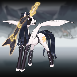 Size: 1500x1500 | Tagged: safe, artist:arareroll, derpibooru import, princess celestia, alicorn, pony, alternate hairstyle, black metal, emo, face paint, female, guitar, lipstick, magic, magic aura, mare, metal, musical instrument, solo, spiked wristband, spikes, wings, wristband