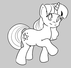 Size: 3583x3415 | Tagged: safe, artist:pencilfriend, derpibooru import, twilight sparkle, unicorn twilight, pony, unicorn, black and white, cutie mark, female, gray background, grayscale, horn, looking at you, mare, monochrome, one hoof raised, simple background, smiling, solo