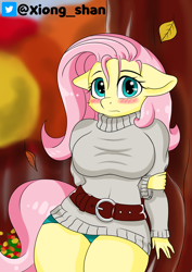 Size: 2894x4093 | Tagged: safe, artist:xiongshan, derpibooru import, fluttershy, anthro, belt, big breasts, blushing, breasts, clothes, floppy ears, flutterthighs, hootershy, leaf, sweater, sweatershy, tree