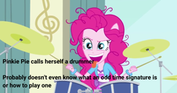 Size: 1908x1005 | Tagged: safe, derpibooru import, edit, edited screencap, screencap, pinkie pie, equestria girls, rainbow rocks, drums, drumsticks, female, musical instrument, ponied up, solo