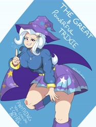 Size: 3024x4032 | Tagged: safe, artist:darkdoubloon, derpibooru import, trixie, equestria girls, areola, big breasts, blushing, breasts, cape, clothes, female, grin, human coloration, looking at you, smiling, titsie