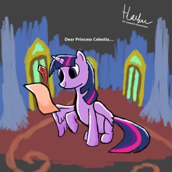 Size: 1080x1080 | Tagged: safe, artist:haekal20, derpibooru import, princess celestia, twilight sparkle, twilight sparkle (alicorn), alicorn, pony, castle, quill, scroll, solo, twilight's castle