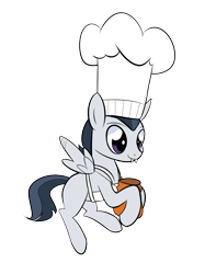 Size: 800x1067 | Tagged: safe, artist:casualcolt, derpibooru import, rumble, pegasus, pony, apron, chef, chef's hat, clothes, colt, costume, fangs, flying, halloween, halloween costume, hat, male, simple background, smiling, solo, spread wings, transparent background, wings