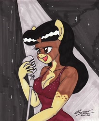 Size: 1985x2425 | Tagged: safe, artist:newyorkx3, derpibooru import, oc, oc only, oc:crystal, anthro, earth pony, black hair, breasts, cleavage, clothes, dress, female, microphone, singing, solo, solo female, sparkly dress, spotlight, stars, traditional art