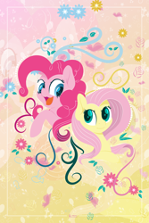 Size: 6321x9482 | Tagged: safe, artist:illumnious, derpibooru import, fluttershy, pinkie pie, earth pony, pegasus, pony, abstract background, absurd resolution, duo, female, looking at each other, mare, open mouth, smiling, vector