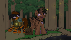Size: 3840x2160 | Tagged: safe, artist:ljdamz1119, derpibooru import, oc, oc only, oc:light f1ux, oc:light flux, oc:stay metal, earth pony, firefly (insect), insect, pegasus, pony, bag, commission, duo, ear piercing, earring, eye clipping through hair, forest, jewelry, lantern, male, mouth hold, necklace, night, open mouth, piercing, river, saddle bag, scenery, smiling, stallion, stream