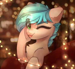 Size: 1758x1600 | Tagged: safe, artist:reterica, derpibooru import, oc, oc only, pony, :p, abstract background, chest fluff, eye clipping through hair, eyebrows visible through hair, female, mare, one eye closed, smiling at you, solo, string lights, tongue out, wink