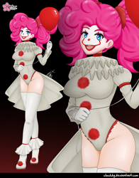 Size: 1093x1391 | Tagged: safe, alternate version, artist:clouddg, derpibooru import, pinkie pie, human, balloon, breasts, clothes, cosplay, costume, humanized, it, looking at you, makeup, open mouth, pennywise, pinkiewise, shoes, stockings, thigh highs