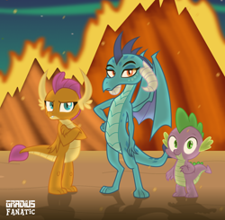 Size: 3672x3603 | Tagged: safe, artist:gradiusfanatic, artist:tomfraggle, derpibooru import, princess ember, smolder, spike, dragon, crossed arms, dragoness, female, gradius, looking at you, male, trio