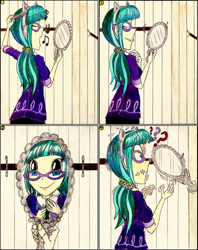 Size: 1220x1541 | Tagged: safe, artist:meiyeezhu, derpibooru import, juniper montage, human, equestria girls, mirror magic, spoiler:eqg specials, anime, cat ears, clothes, coat, comb, comic, disembodied hand, dressing room, glasses, halloween, hand, headband, holding, holiday, humanized, mirror, music notes, necktie, old master q, pigtails, question mark, reference, scared, scary, singing, solo, twintails