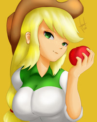 Size: 1080x1350 | Tagged: safe, artist:elbenjaftw, derpibooru import, applejack, human, equestria girls, apple, applerack, breasts, food, humanized, looking at you, solo