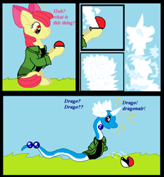 Size: 729x789 | Tagged: safe, artist:cargirl9, derpibooru import, apple bloom, earth pony, pony, clothes, comic, dialogue, dragonair, female, mare, pokefied, pokéball, pokémon, shirt, solo, speech change, transformation