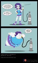 Size: 950x1554 | Tagged: safe, artist:niban-destikim, derpibooru import, rarity, equestria girls, equestria girls series, 2 panel comic, belly, belly expansion, big belly, big breasts, bingo wings, bracelet, breast expansion, breasts, cartoon logic, cartoon physics, comic, commission, dialogue, female, floating, fourth wall break, geode of shielding, green background, growth, helium, helium inflation, helium tank, high heels, hose, huge belly, huge breasts, hyper, hyper belly, impossibly large belly, inflation, jewelry, looking at you, magical geodes, muffled words, onomatopoeia, open mouth, proven wrong, puffy cheeks, rariblimp, shoes, shrunken pupils, simple background, solo, speech bubble, talking to viewer, tube, wide eyes, word balloon
