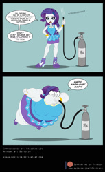 Size: 950x1554 | Tagged: safe, artist:niban-destikim, derpibooru import, rarity, better together, equestria girls, 2 panel comic, belly, belly expansion, big belly, big breasts, bingo wings, bracelet, breast expansion, breasts, cartoon logic, cartoon physics, comic, commission, dialogue, female, floating, fourth wall break, geode of shielding, green background, growth, helium, helium inflation, helium tank, high heels, hose, huge belly, huge breasts, hyper, hyper belly, impossibly large belly, inflation, jewelry, looking at you, magical geodes, muffled words, onomatopoeia, open mouth, proven wrong, puffy cheeks, rariblimp, shoes, shrunken pupils, simple background, solo, speech bubble, talking to viewer, tube, wide eyes, word balloon