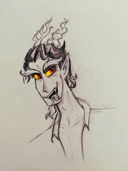 Size: 780x1040 | Tagged: safe, artist:valeriamagicart, derpibooru import, discord, human, bust, forked tongue, horn, horned humanization, horns, humanized, monochrome, partial color, tongue out, traditional art