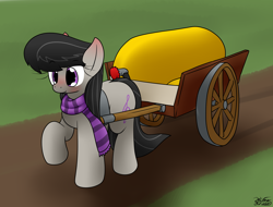 Size: 2450x1858 | Tagged: safe, artist:the-furry-railfan, derpibooru import, octavia melody, earth pony, pony, fanfic:a prim party planner's puffy predicament, blushing, cart, clothes, dirt road, fanfic art, female, helium tank, pulling, scarf, solo, story included, striped scarf, this will end in balloons