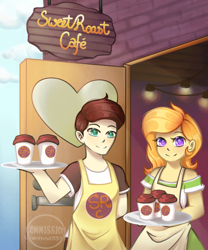 Size: 1681x2025 | Tagged: safe, artist:thanhvy15599, derpibooru import, oc, oc:fine roast, oc:sweet leaf, human, fanfic:unchanging love, apron, clothes, coffee, coffee cup, coffee shop, commission, cup, fanart, fanfic art, female, high res, humanized, male, sign