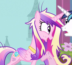 Size: 1258x1125 | Tagged: safe, derpibooru import, screencap, princess cadance, shining armor, alicorn, pony, unicorn, a canterlot wedding, cropped, cute, cutedance, dirty, female, messy mane, raised hoof, solo focus