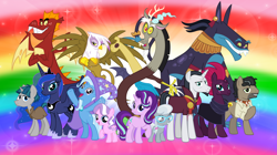 Size: 1280x719 | Tagged: safe, artist:andoanimalia, derpibooru import, ahuizotl, chancellor neighsay, diamond tiara, discord, doctor caballeron, fizzlepop berrytwist, garble, gilda, princess luna, silver spoon, starlight glimmer, stygian, tempest shadow, trixie, alicorn, draconequus, dragon, earth pony, griffon, pony, unicorn, antagonist, clothes, crown, female, filly, glasses, group, looking at you, male, mare, open mouth, rainbow background, raised hoof, reformed, scar, stallion, tiara, trixie's cape, trixie's hat