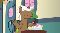 Size: 1280x720 | Tagged: safe, derpibooru import, screencap, mochaccino, rare find, pony, fame and misfortune, food, ice cream, male, shrug, solo, stallion, sundae