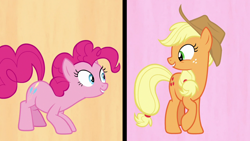 Size: 1280x720 | Tagged: safe, derpibooru import, screencap, applejack, pinkie pie, earth pony, pony, fame and misfortune, duo, female, flawless, looking at each other, mare