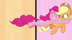 Size: 1280x720 | Tagged: safe, derpibooru import, screencap, applejack, pinkie pie, earth pony, pony, fame and misfortune, applepie, female, flawless, glomp, lesbian, mare, panel break, shipping