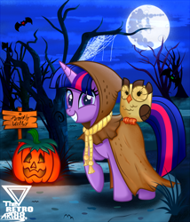 Size: 2990x3488 | Tagged: safe, artist:theretroart88, derpibooru import, owlowiscious, twilight sparkle, unicorn twilight, bat, bird, owl, unicorn, halloween, holiday, jack-o-lantern, mare in the moon, moon, pumpkin, spider web