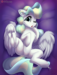 Size: 2698x3500 | Tagged: safe, artist:airfly-pony, derpibooru import, vapor trail, pegasus, pony, bed, cute, female, fluffy, frog (hoof), hooves, legs, looking at you, mare, night, one eye closed, open mouth, patreon, patreon exclusive, patreon logo, shy, spread legs, spreading, underhoof, wings