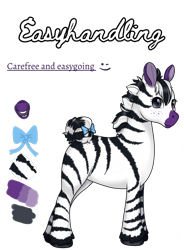 Size: 806x1093 | Tagged: safe, artist:69beas, derpibooru import, oc, oc only, oc:easyhandling, zebra, digital art, female, freckles, hoof fluff, mare, open mouth, reference sheet, ribbon, simple background, solo, transparent background, zebra oc