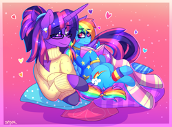 Size: 1821x1344 | Tagged: safe, artist:aaa-its-spook, derpibooru import, rainbow dash, twilight sparkle, twilight sparkle (alicorn), alicorn, pegasus, pony, accessories, alternate hairstyle, book, clothes, female, lesbian, lying down, pillow, shipping, size difference, socks, sweater, twidash