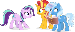 Size: 7586x3271 | Tagged: safe, artist:pumpkinpieforlife, derpibooru import, starlight glimmer, sunset shimmer, trixie, pony, absurd resolution, book, magic, palette swap, recolor, simple background, transparent background