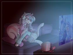 Size: 2327x1781 | Tagged: safe, artist:naezithania, derpibooru import, oc, pony, clothes, female, food, headphones, mare, popcorn, socks, solo