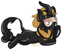 Size: 1280x1037 | Tagged: safe, artist:jennieoo, derpibooru import, oc, oc only, oc:karakan, kirin, cute, gas mask, latex, latex suit, male, mask, sexy, simple background, solo, stallion, transparent background