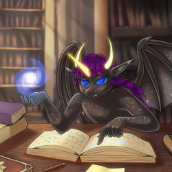 Size: 2000x2000 | Tagged: safe, artist:pony straponi, derpibooru import, oc, oc only, oc:ryonez coruscare, anthro, goo, goo pony, original species, plantigrade anthro, bat wings, book, bookshelf, commission, crepuscular rays, elf ears, fangs, focused, horns, library, magic, membranous wings, pencil, pink hair, ponytail, reading, scowl, solo, table, wings, ych result
