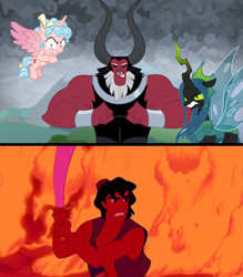 Size: 2912x3328 | Tagged: safe, derpibooru import, edit, edited screencap, screencap, cozy glow, lord tirek, queen chrysalis, centaur, changeling, changeling queen, the ending of the end, aladdin, crossover, disney, female