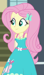 Size: 334x560 | Tagged: safe, derpibooru import, screencap, fluttershy, better together, equestria girls, fluttershy's butterflies, fluttershy's butterflies: applejack, arm behind back, cropped, cute, geode of fauna, hairpin, magical geodes, shyabetes, smiling, solo