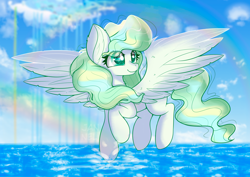 Size: 4092x2893 | Tagged: safe, artist:janelearts, derpibooru import, vapor trail, pegasus, pony, cloud, eye clipping through hair, female, flying, high res, mare, ocean, rainbow, sky, smiling, solo, spread wings, wings