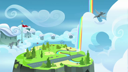 Size: 1280x720 | Tagged: safe, derpibooru import, screencap, top bolt, background, rainbow waterfall, scenic ponyville, wonderbolts academy (place)