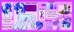 Size: 2500x1074 | Tagged: safe, artist:silentwolf-oficial, derpibooru import, oc, oc only, oc:silent wolf, pony, unicorn, bust, female, flower, hoof fluff, horn, leonine tail, mare, reference sheet, unicorn oc