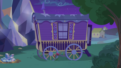 Size: 1280x720 | Tagged: safe, derpibooru import, screencap, to where and back again, background, night, no pony, ponyville, scenic ponyville, trixie's wagon, twilight's castle