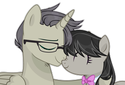 Size: 2970x2024 | Tagged: safe, artist:lazuli, artist:thieeur-nawng, derpibooru import, octavia melody, oc, alicorn, earth pony, pony, alicorn oc, base used, bowtie, bust, canon x oc, eyelashes, eyes closed, female, glasses, horn, male, mare, simple background, smiling, stallion, straight, transparent background, wings